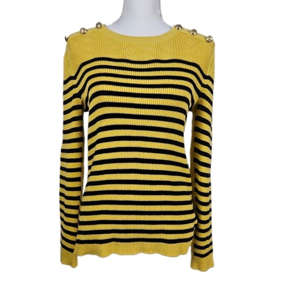 Talbots Women’s Striped Sweater Yellow Navy Gold Buttons Pointelle Neck M - Picture 2 of 4